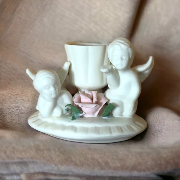 Vintage White Ceramic Cherub Angels Candlestick Holder Figurine - Picture 3 of 7